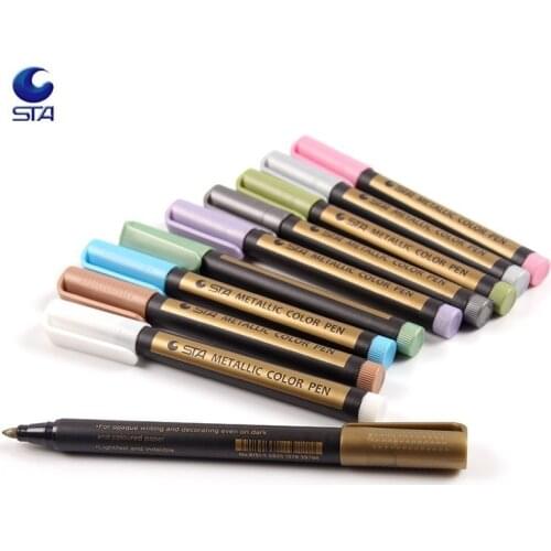 STA 10 Colors Metallic Marker Pens for Rock Painting Medium Point Metallic Color Markers for Ceramic Glass Plastic Scrapbookin