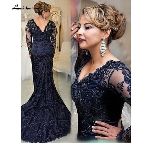 Navy Blue V-neck Long Sleeves Sweep Train Lace Mother of the Bride Dress Plus Size Mother Gowns
