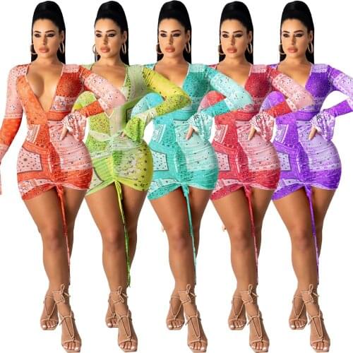 Deep V Neck Paisley Print Party Dresses Drawstring Mesh Flare Long Sleeve Transparent Club Outfit For Women Mini Dress