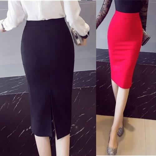 Chic Womens Mid-calf Black Skirt Red Skirts High Quality Midiskirt Plus Size Ladys Bodycon Rear Split Sexy Skirt Elastic Waist