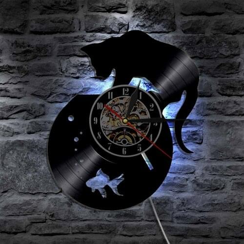 Funny Cat And Fish Vinyl Record Wall Clock Silent Quartz Modern Wall Lamp Goldfish Home Decor Watch LED Hanging Lamp Night Light