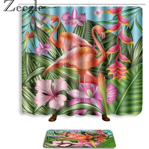 Zeegle Cartoon Flamingo Toilet Rug and Shower Curtain 2pcs Bath Mat Set Waterproof Shower Curtain with Hooks Toilet Foot Mat