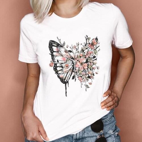 Women Graphic Floral Butterfly Flower Style Printing Fashion 90s Short Sleeve Lady Clothes Tops Tees Print Female Tshirt T-Shirt
