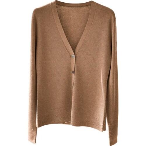 Shuchan 100% Natural Silk Cardigan Women V-Neck Single Breasted High Quality Spring/Autumn A-straight Korean Fashion Sweaters