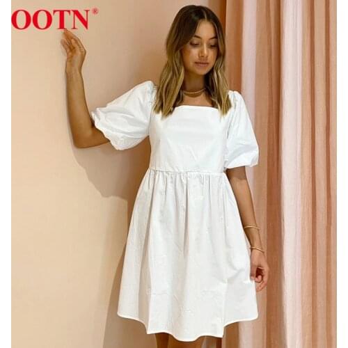 OOTN Square Collar White Women Dress Backless Lace Up Summer Casual Dress Elegant Ladies Dresses Lantern Short Sleeve Cotton