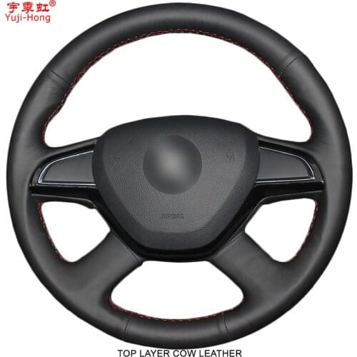 Yuji-Hong Car Steering Wheel Covers Case for Skoda Octavia Yeti Fabia Superb 2014 Hand-stitched Top Layer Cow Leather Cover