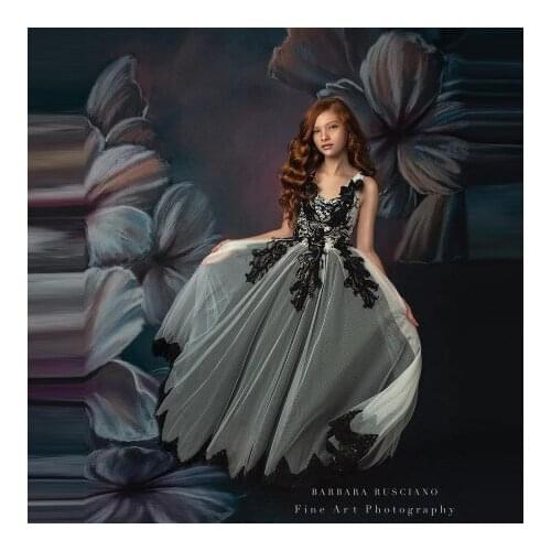 Elegant Black And White Kid Tulle Dresses For Photo Shoot Ball Gown Sleeveless Lace Custom Made Flower Girls Gowns