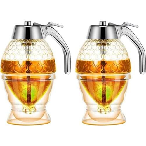 Honey Dispenser, No Drip Syrup Container with Stand, Beautiful Honeycomb Shaped Honey Pot, Syrup Sugar Container, 2 Pack