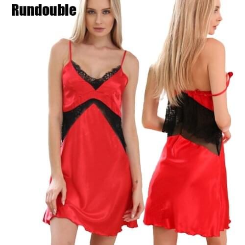 Red Night Sleep Dress Women Underwear Lingerie Sling Lace V-Neck Sexy Nightdress Imitate Silk Nightgown Strap Halter Dresses