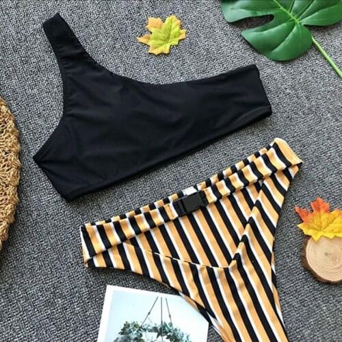 Swimwear women striped Sexy One Shoulder Swimsuit High Cut Brazilian Thong Bikinis Women Bikini Set High Waist Bikini Biquini