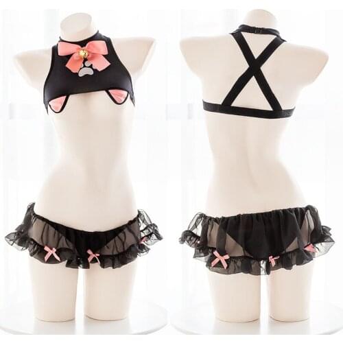 Wholesale Sexy Black Cat Bow Cat Claw Printing Ultrashort Low Waist Underwear Set Lolita Girl Cosplay Open Chest Lingerie Set