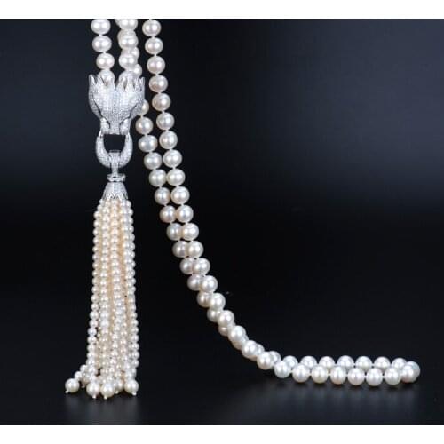 AAA+ natural 8-9mm white freshwater pearl necklace Leopard head inlay zircon 5-6mm tassel sweater chain jewelry
