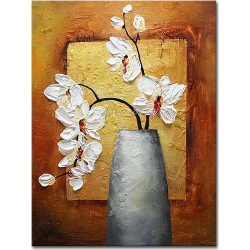 Hand Painted Textured Palette Knife White Flower Orchid Oil Painting Abstract Modern Canvas Wall Art Living Room Decor Picture
