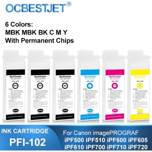 260ML PFI-102 PFI102 Refillable Ink Cartridge With ARC Chips For Canon iPF500 iPF510 iPF600 iPF605 iPF610 iPF700 iPF710 iPF720