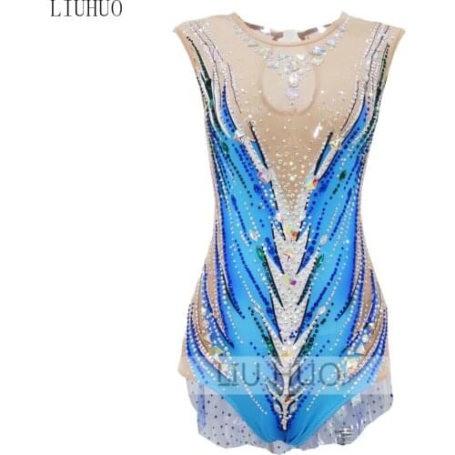 LIUHUO Figure Skating Dress Womens Girls' Ice Performance Rhythmic Gymnastics Blue Competition Leotard Artistic Costume Dance
