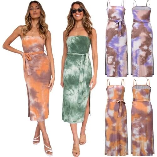 Summer Women Dress Sleeveless Tie Dye Sexy Strapless Elegant Fashion Bohemian Backless Party Female Vestido Beach Style C2554