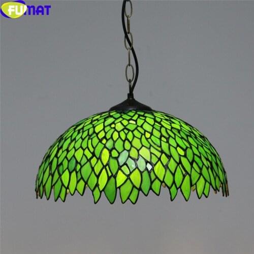 FUMAT Tiffany Antique Style Single Pendant Lamp All Green Color Tulip Stained Glass Hanging Lights Fixture Dimming Remote Switch