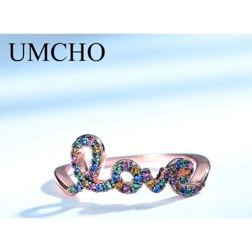 UMCHO Colorful Gemstone Silver Rings Love Letter 925 Sterling Silver Rings Wedding Bands Romatic Unique Gift Fine Jewelry