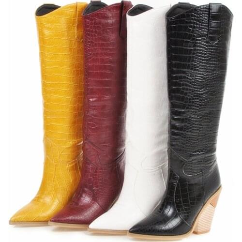 Fashion Knee High Boots Western Cowboy Boots for Women Long Winter Boots Pointed Toe Cowgirl wedges Motorcycle Boots Yellow Red