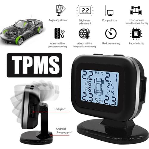 Tire Pressure Monitoring System With Cigarette Lighter Plug TPMS LCD Screen Temperature Warning USB Charging 4 External Sensors