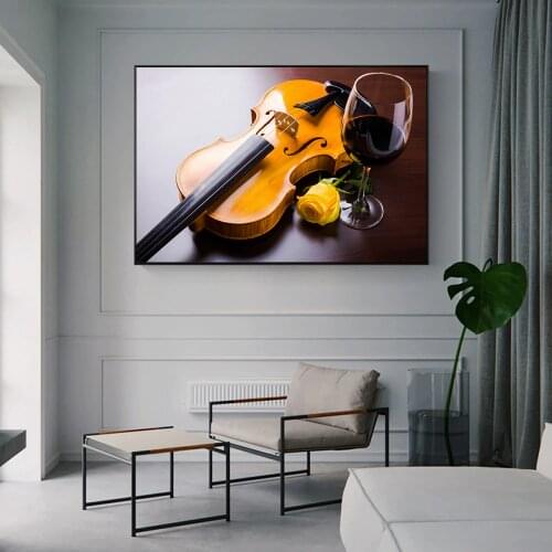 Modern Wall Art Decorative Canvas Prints Romantic Violin Rose And Red Wine Canvas Art Paintings Realist Picture For Kitchen Room