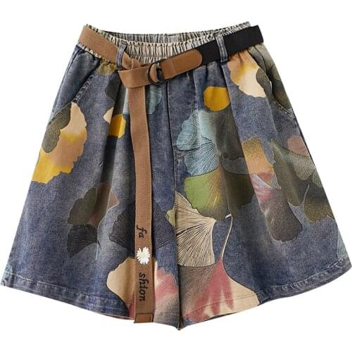 Loose Belt Denim Shorts Women Summer 2020 Print Mini Shorts Sexy Female Casual Streetwear Korean Wide Leg Short Denim