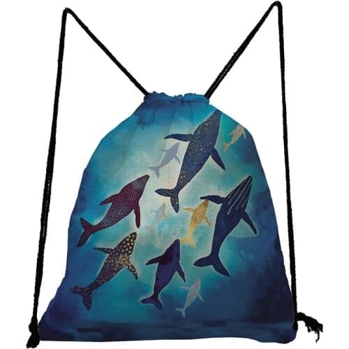Ukiyoe Ocean Whale Drawstring Bag Blue Child Backpack Bookbag Shoe Storage Bag Fish Graphic Soft Back Bag Daily Unisex Gym Pouch