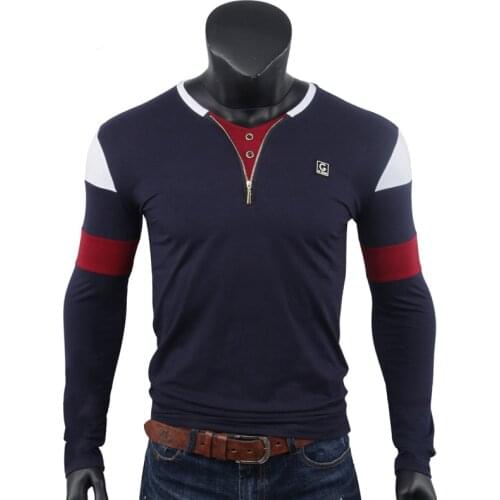 Men T-Shirt Long Sleeves V-Neck Collar Top Plain Color Zipper Opening Quality Brand Clothing Casual T Shirts