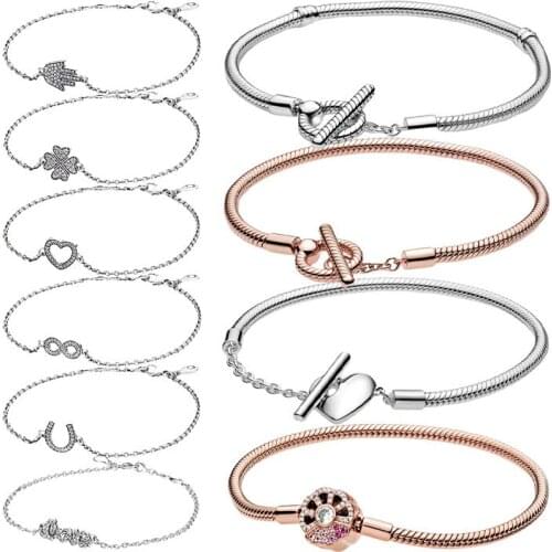 Rose Gold Silver 925 Jewelry Women Charm Bracelets Zircon Stones T Bar Snake Chain Pink Fan Hamsa Hand Clover Love Heart Luck