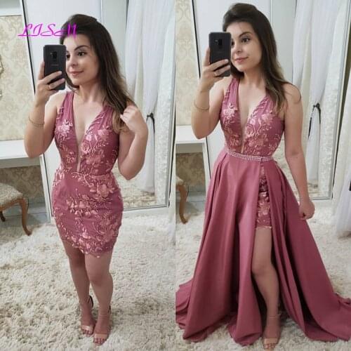 Sexy V-Neck Lace Appliques Evening Dresses with Detachable Train Charming Beading Belt Formal Party Dress Vestidos De Gala