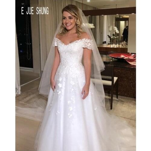 E JUE SHUNG Elegant A-line Church Wedding Dresses Short Sleeves Off the Shoulder Lace Appliques Bridal Gowns vestido de noiva