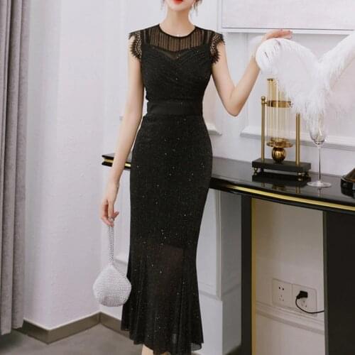 2020 New Women Summer Vintage Dress O-neck Elegant Evening Party Mid-Calf Mermaid Empire Dresses Sleeveless Long Black Vestidos