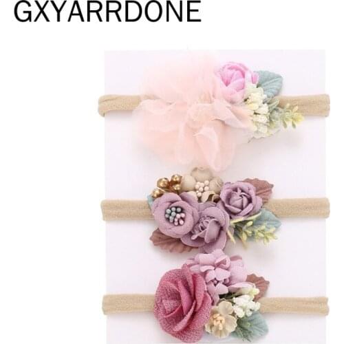 1 Set Baby Girls Lace Flower Nylon Headband Kids Satin Floral Headbands Vintage Elastic Headband For Girls Newborn Photo Props