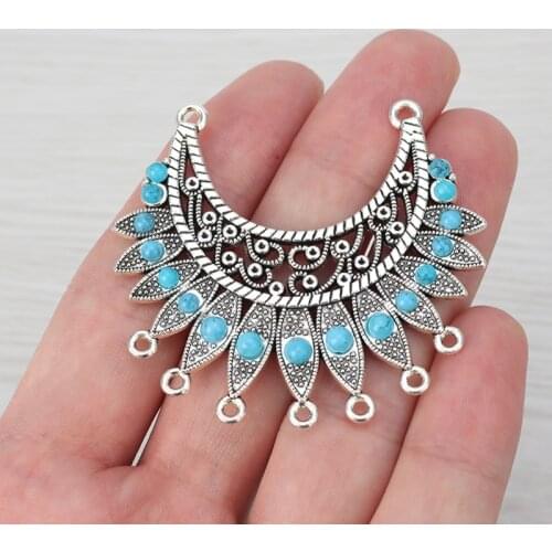 4 x Tibetan Silver Large Crescent Chandelier Connectors Charms Pendants With Faux Turquoise Stones Jewelry Making Findings