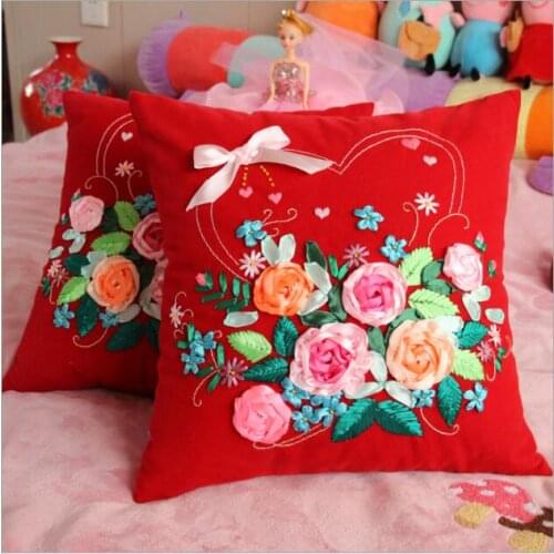45X45cm Happy pillow Ribbon embroidery kit pillow cover set handcraft DIY handmade needlework art home decor