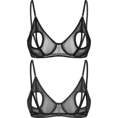 Femme Open Nipple Bra Womens Naughty See Through Mesh Adjustable Strap Blackless Heart Shape Hole Breast Wire-free Unlined Bra