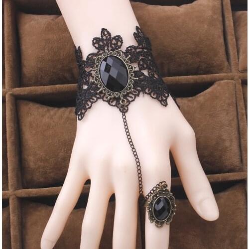 Black Lace Bracelet Finger Hand Chain Harness Women Bracelet Metal Crystal Charm Steampunk Lady Vintage Jewelry