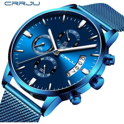 CRRJU Creative Mesh Band Quartz Watch Casual Men Stainless Steel Chronograph Calendar Wristwatches Relogio Masculino