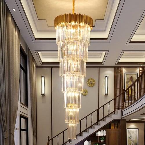 Stairs Long Chandelier Villa Hotel Hall Rotating Large Chandelier Lighting Modern Duplex Floor Living Room Crystal Hanging Light