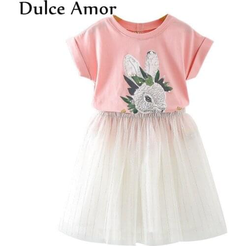 Dulce Amor Girls Clothes Set 2018 Summer Short Sleeve Print Rabbit Kids T shirt+Lace Skirt 2PCS Suit Elegant Baby Girls Clothing