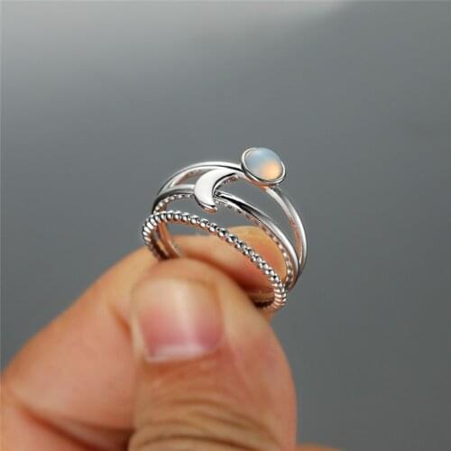 Female Cute Small Round Moonstone Ring Set Vintage Silver Color Moon Promise Engagement Ring Fashion Wedding Rings For Women