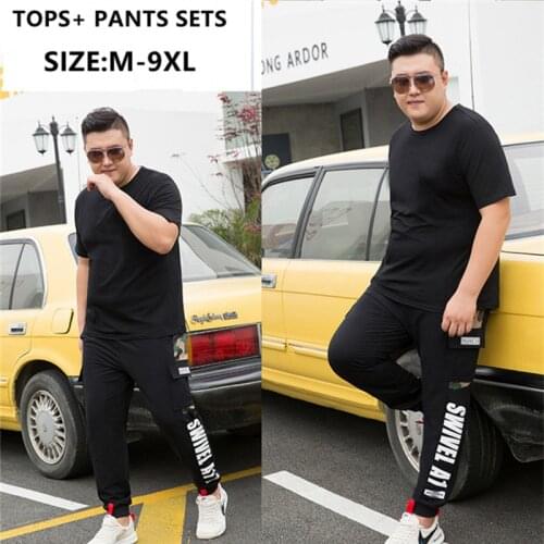Summer Men Tops Short Sleeve T shirts Pants 2 Two Piece Set Sweatpants Cargo Joggers Oversized 6XL 7XL 8XL 9XL Tee Shirt Trouers