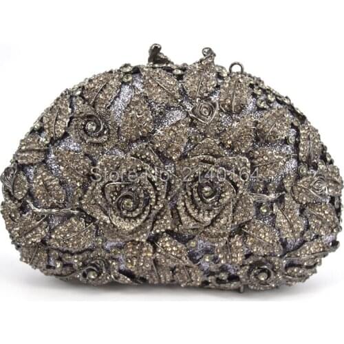 Fashion Grey Diamond Women Wedding Clutches Bag Rose Flower Crystal Evening Bags Party black clutch Purses (88303-H)