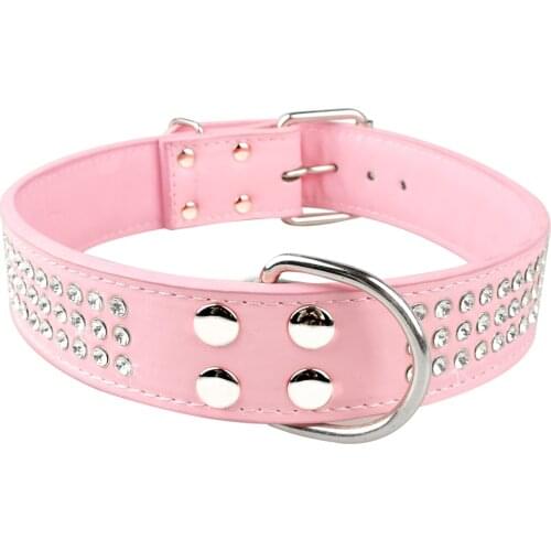 Luxury Bling Rhinestone Leather Dog Collars Crystal Diamante Collar Adjustable Pink For Medium Large Dogs Pet Product For Animal