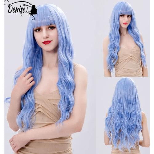 Cosplay Long Blue Wave Natural Hair Synthetic Wigs With Bangs For White Women Heat Resistant Daily Female Colored Fiber Wig