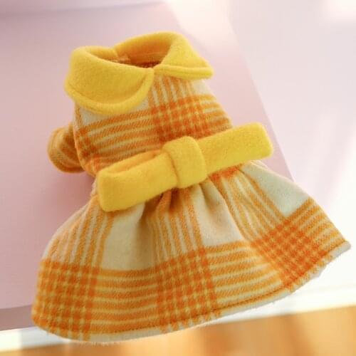 Dog Dress Dog and Cat Warm Autumn and Winter Clothing, Warm Teddy Bichon, Yellow Lattice Doll Collar Woolen Skirt, Puppy Clothes