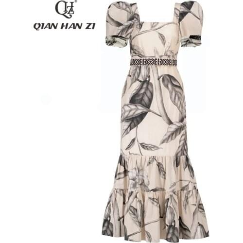 Qian Han Zi Fashion Runway 100% Cotton Summer Dress 2021 Elegant leaf print slim vintage midi dress Dresses for women