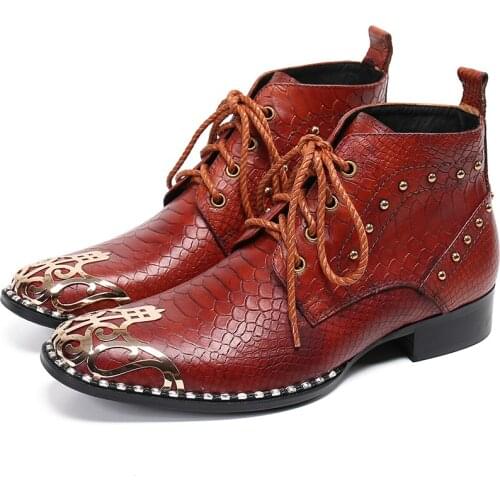 Handmade Mens Lace Up Brown Leather Boots Metal Toe Snakeskin Grain Man Plus Size Ankle Boots Men Party Dress Short Boots
