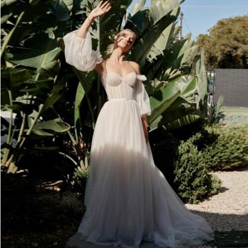 Champagne Tulle Boho Wedding Dresses With Detachable Sleeves Beach Sweetheart Country Bohemian Bridal Gowns Vestidos De Mariee