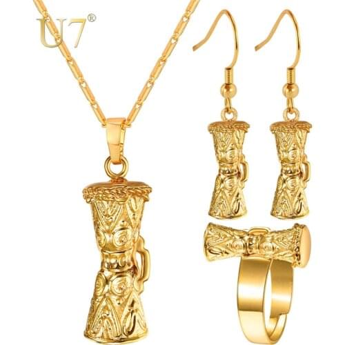 U7 KUNDU Drum Pendant Necklace / Earrings / Resizable Ring Set For Women Papua New Guinea Drum PNG Jewelry Party Gifts S1023